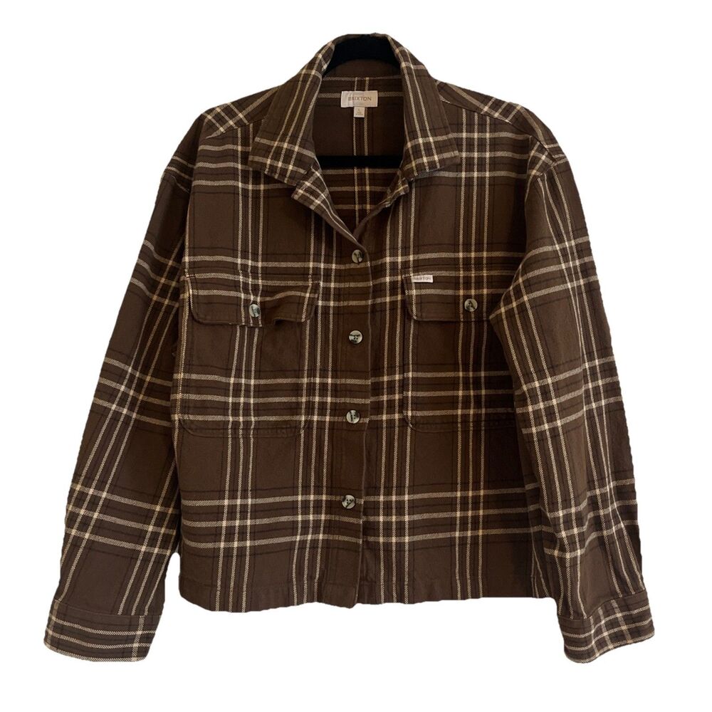 Brixton Bowery Jacket Shirt Women’s L Brown Plaid Button Boxy Organic Cotton